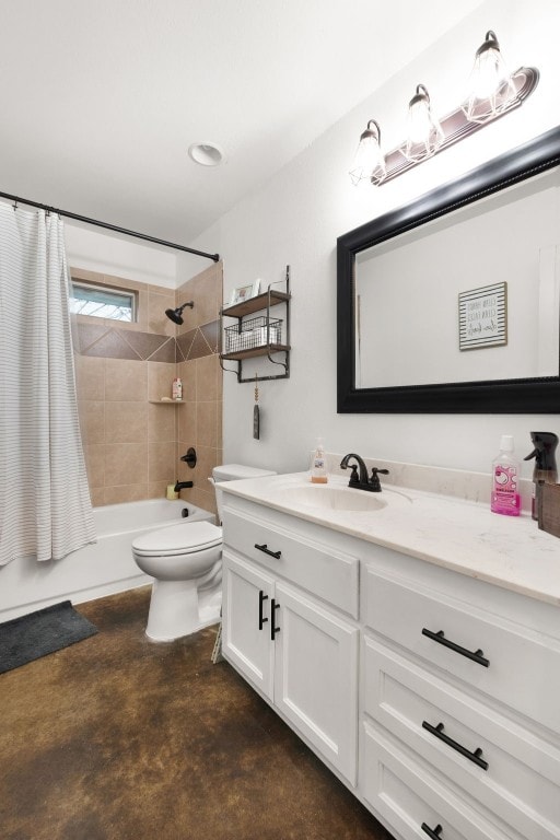 full bathroom featuring vanity, toilet, concrete flooring, and shower / tub combo