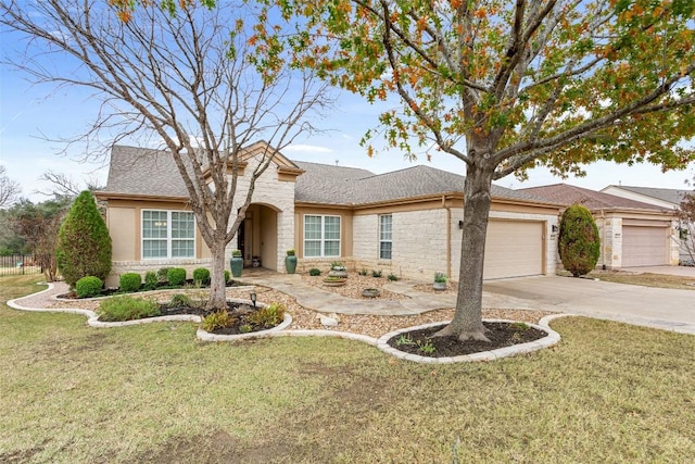 ranch-style house with a front yard and a garage