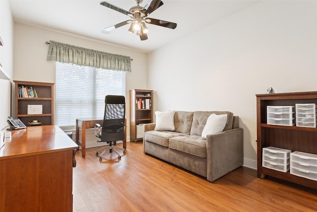 office area featuring ceiling fan and light wood-type flooring