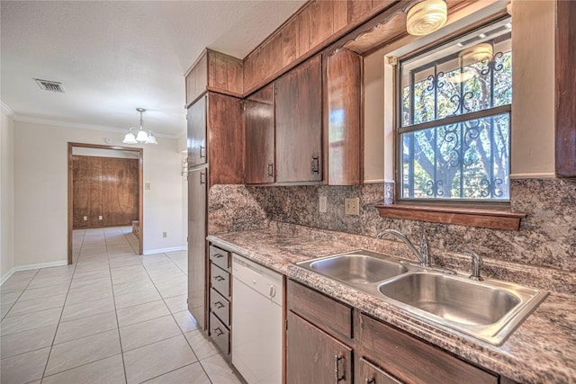 kitchen featuring dishwasher, an inviting chandelier, sink, ornamental molding, and decorative light fixtures