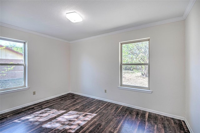 spare room featuring ornamental molding, a textured ceiling, and dark wood-type flooring