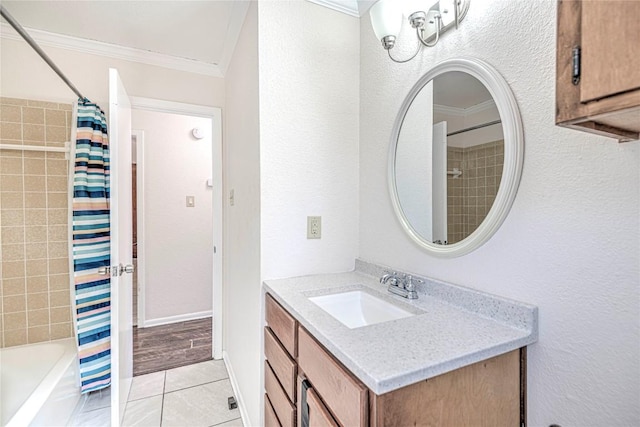 bathroom with tile patterned floors, vanity, ornamental molding, and shower / bath combo