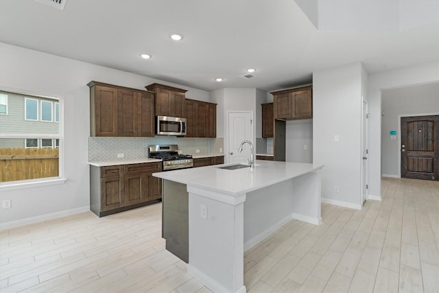 kitchen featuring tasteful backsplash, stainless steel appliances, sink, and a center island with sink