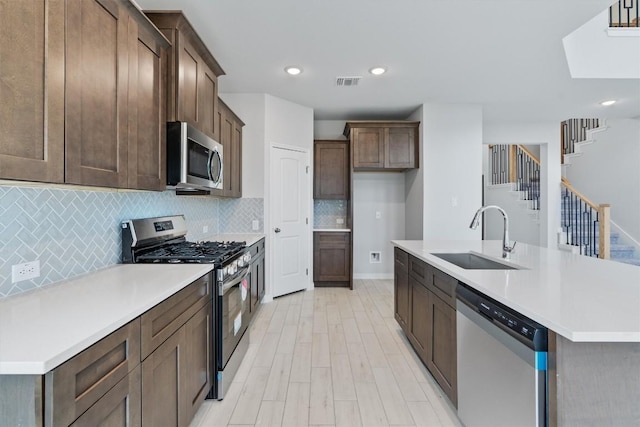 kitchen with backsplash, sink, light hardwood / wood-style flooring, an island with sink, and appliances with stainless steel finishes