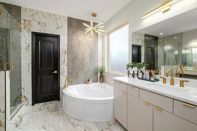 bathroom with plus walk in shower, vanity, and a chandelier