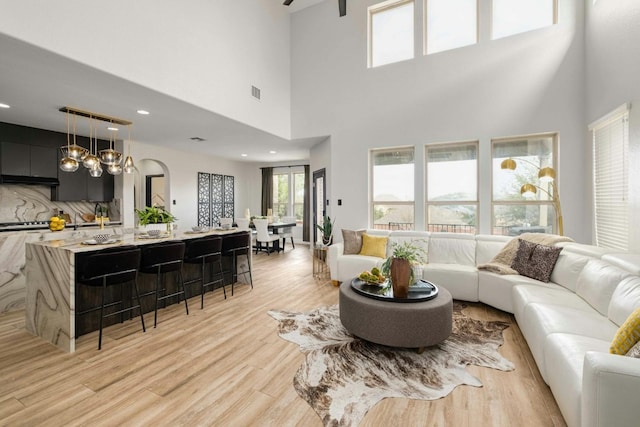 living room featuring a high ceiling, light hardwood / wood-style flooring, and sink