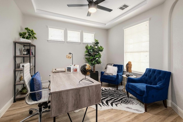 office space featuring plenty of natural light, light hardwood / wood-style floors, and a tray ceiling