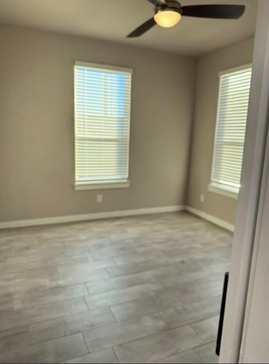 unfurnished room featuring ceiling fan and light wood-type flooring