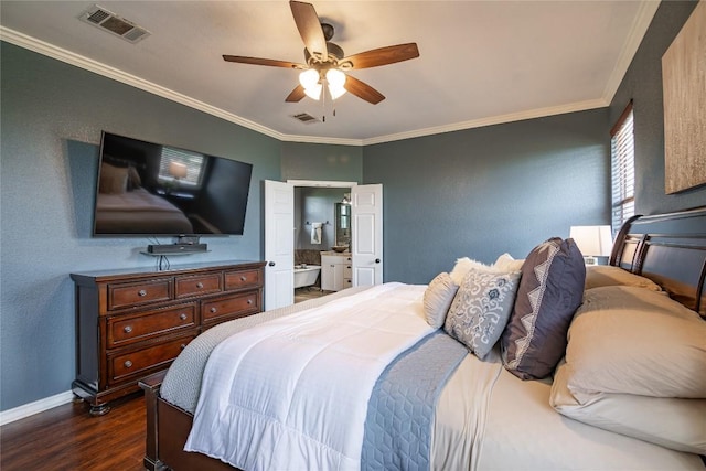 bedroom with connected bathroom, ceiling fan, dark hardwood / wood-style floors, and ornamental molding