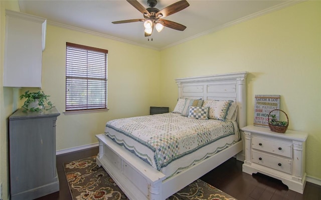 bedroom with crown molding, ceiling fan, and dark wood-type flooring