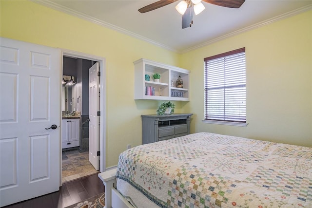 bedroom featuring dark hardwood / wood-style floors, ensuite bath, ceiling fan, and crown molding