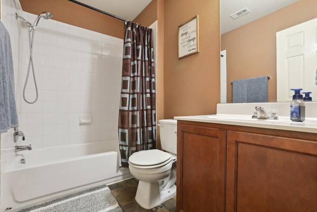 full bathroom with vanity, toilet, and shower / bath combo with shower curtain