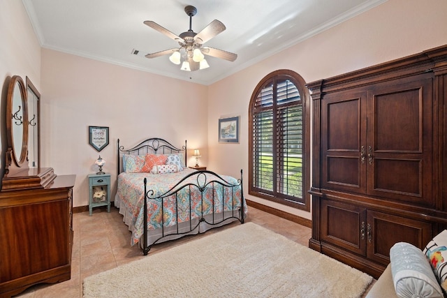 bedroom with ceiling fan, crown molding, and light tile patterned flooring