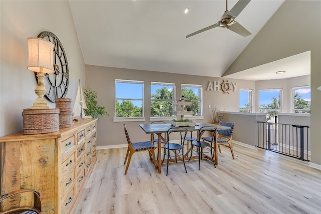 dining room featuring ceiling fan, lofted ceiling, and light wood-type flooring