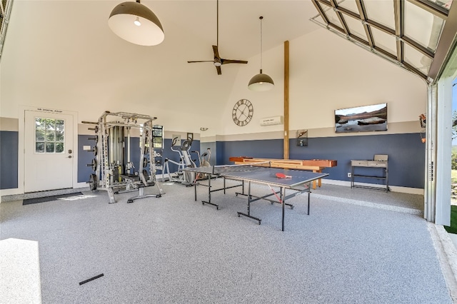 game room featuring ceiling fan and high vaulted ceiling