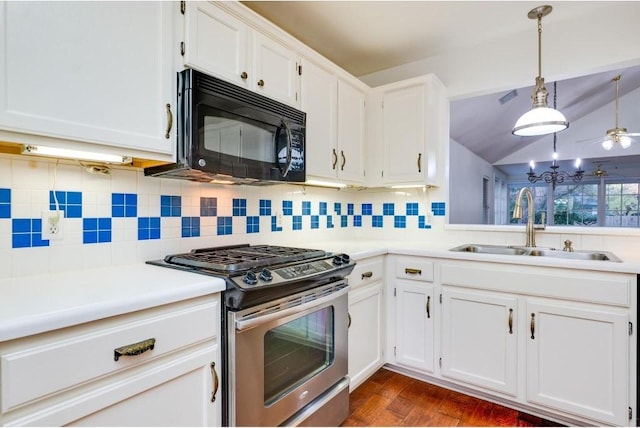 kitchen with white cabinetry, stainless steel gas stove, sink, pendant lighting, and decorative backsplash