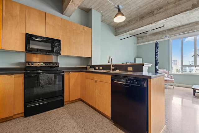 kitchen featuring kitchen peninsula, sink, and black appliances