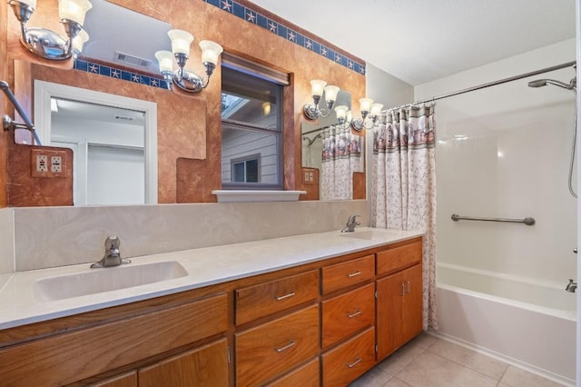 bathroom featuring tile patterned flooring, vanity, shower / tub combo, and a notable chandelier