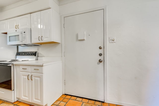 kitchen featuring white cabinetry, white appliances, and ornamental molding