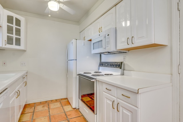 kitchen with white cabinetry, ceiling fan, crown molding, white appliances, and light tile patterned floors