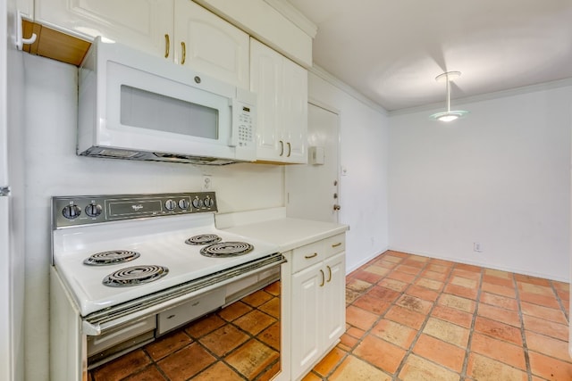 kitchen with white cabinets, electric range, and ornamental molding