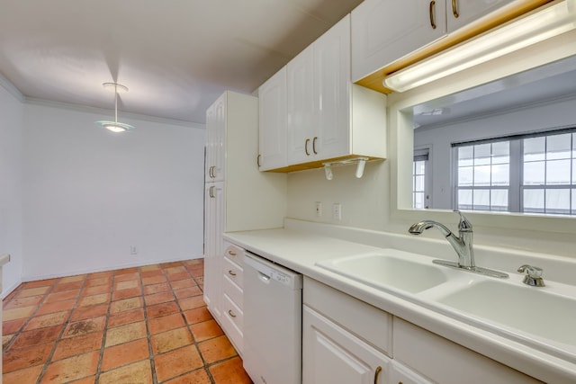 kitchen featuring white cabinetry, dishwasher, crown molding, and sink