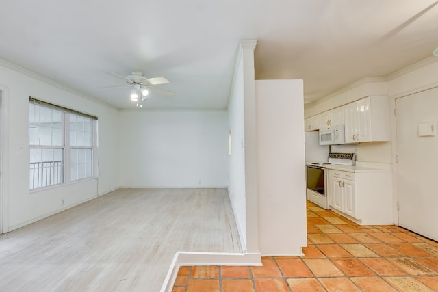 910 Duncan Ln Unit 50, Austin, TX 78705 - kitchen with white appliances, ornamental molding, a ceiling fan, light countertops, and white cabinets