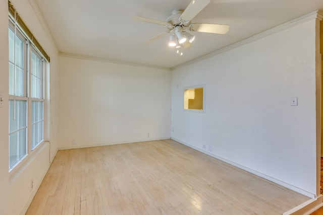 unfurnished room with light wood-type flooring, ceiling fan, and ornamental molding