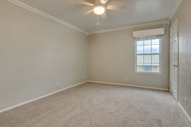 spare room featuring ceiling fan, crown molding, and light carpet