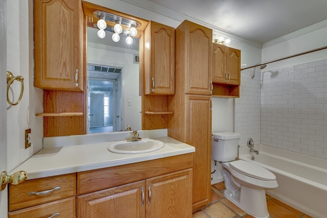 full bathroom with vanity, bathing tub / shower combination, toilet, and ornamental molding