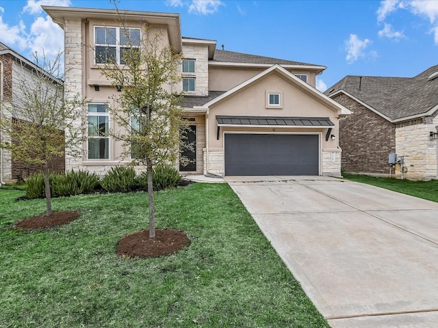 view of front of house with stone siding, a front yard, and stucco siding