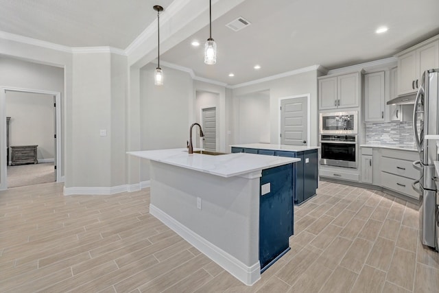 kitchen featuring sink, stainless steel appliances, an island with sink, pendant lighting, and decorative backsplash