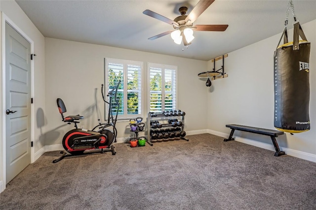 exercise room with ceiling fan, carpet, and baseboards