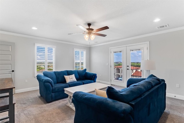 20104 Byrd Ave, Lago Vista, TX 78645 - living room featuring french doors, carpet, a ceiling fan, crown molding, and recessed lighting