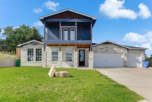 20104 Byrd Ave, Lago Vista, TX 78645 - view of front of property featuring stone siding, a balcony, concrete driveway, a front lawn, and an attached garage