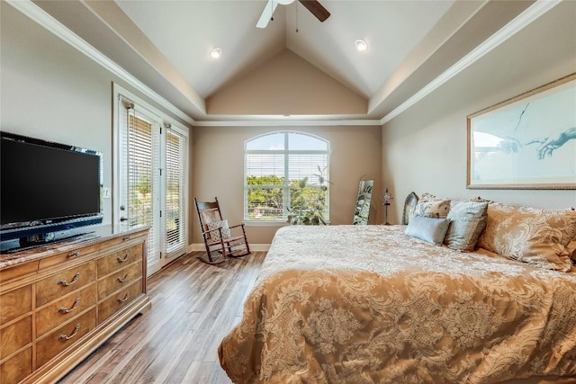 bedroom with ceiling fan, wood-type flooring, ornamental molding, and access to outside