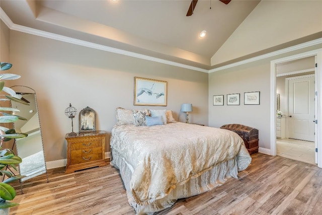 bedroom featuring hardwood / wood-style flooring, high vaulted ceiling, ceiling fan, and crown molding