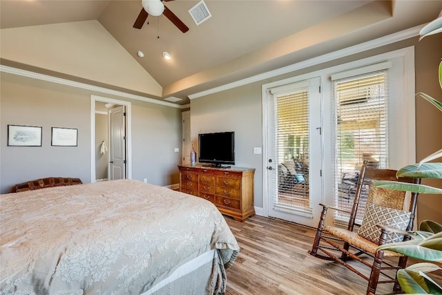 bedroom with access to exterior, light wood-type flooring, ornamental molding, ceiling fan, and high vaulted ceiling