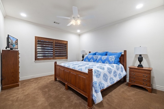 carpeted bedroom featuring ceiling fan and ornamental molding