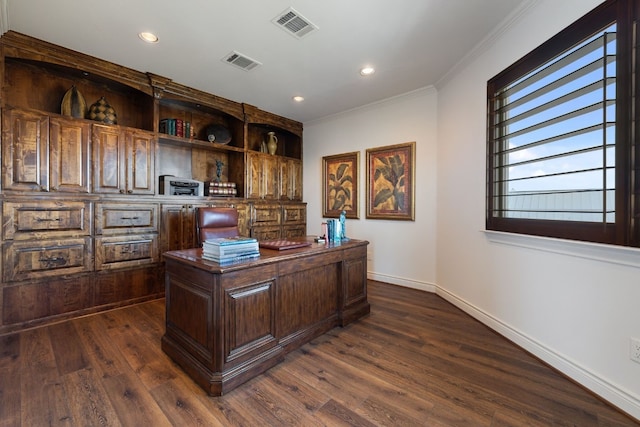 office space featuring dark hardwood / wood-style flooring and crown molding