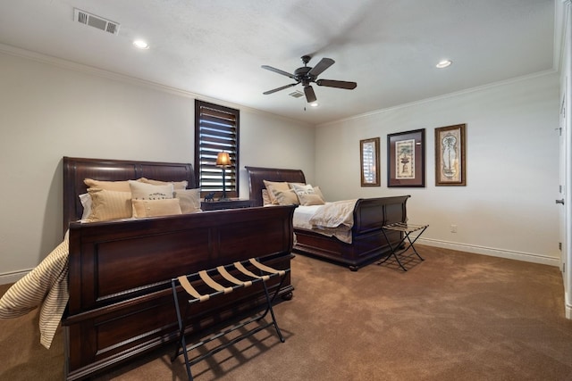 bedroom with carpet, ceiling fan, and ornamental molding