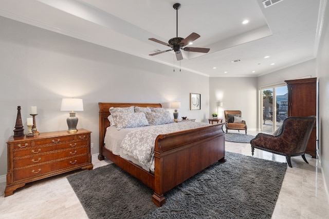 bedroom with access to outside, ceiling fan, a tray ceiling, and ornamental molding