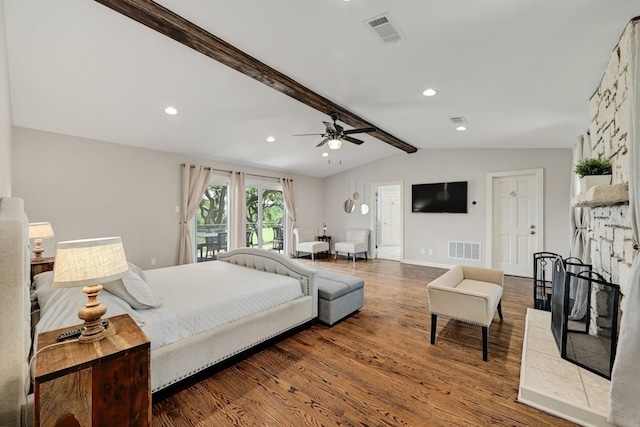 bedroom featuring lofted ceiling with beams, ceiling fan, wood-type flooring, and access to exterior