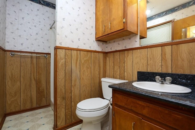 bathroom with vanity, toilet, and wooden walls