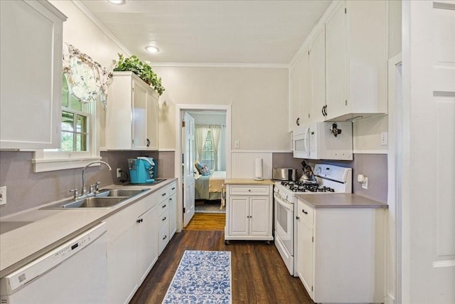 371 Youngs Prairie Rd, Elgin, TX 78621 - kitchen with white appliances, a sink, white cabinets, and crown molding