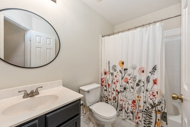 full bathroom with shower / bathtub combination with curtain, vanity, and toilet