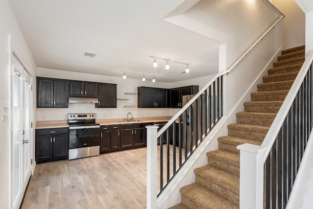 kitchen featuring sink, light hardwood / wood-style floors, stainless steel range with electric stovetop, and wooden counters