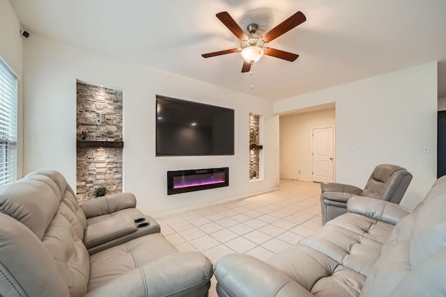 living room with light tile patterned floors and ceiling fan