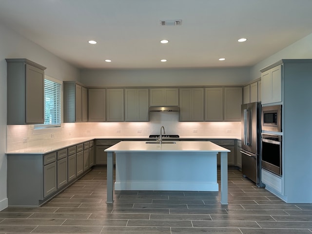 kitchen featuring gray cabinetry, a kitchen island with sink, sink, decorative backsplash, and appliances with stainless steel finishes