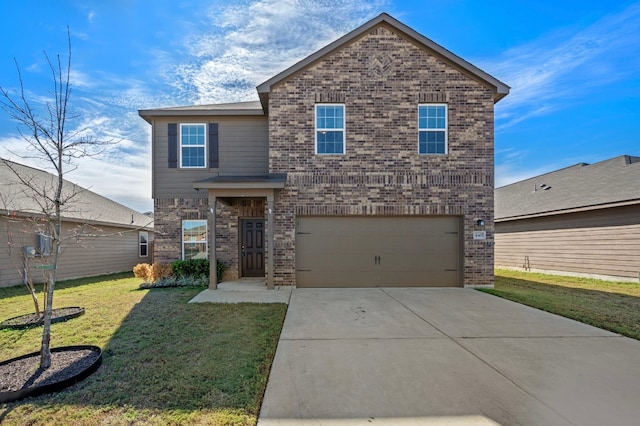 14405 Boomtown Way, Elgin, TX 78621 - traditional-style house with brick siding, concrete driveway, a garage, and a front lawn